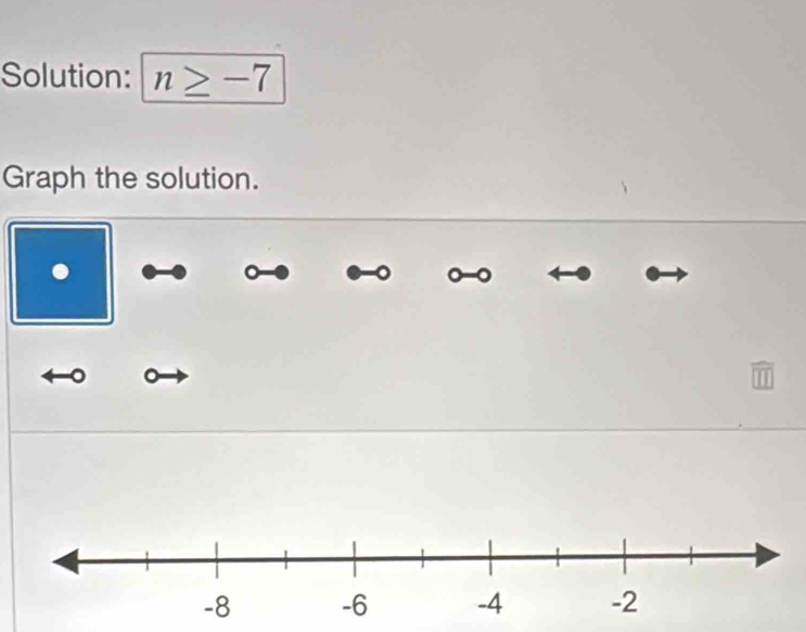 Solution: n≥ -7
Graph the solution. 
. 
0 o 
。