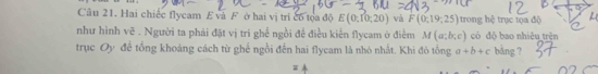 Hai chiếc flycam E và F ở hai vị tri có tọa độ E(0,10,20) và F(0;19,25) trong hệ trục tọa độ 
như hình vẽ . Người ta phải đặt vị tri ghề ngồi đề điều kiển flycam ở điểm M (a;b;c) có độ bao nhiêu trên 
trục Oy đề tổng khoảng cách từ ghể ngồi đến hai flycam là nhỏ nhất. Khi đô tổng a+b+c bàng ?