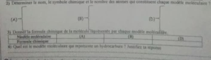 Déterminer le nom, le symbole chimique et le nombre des atomes qui constituent chaque modèle moléculaire ?
(A) (B) (D)
mique de la moléculeprésentée par chaq
_
_