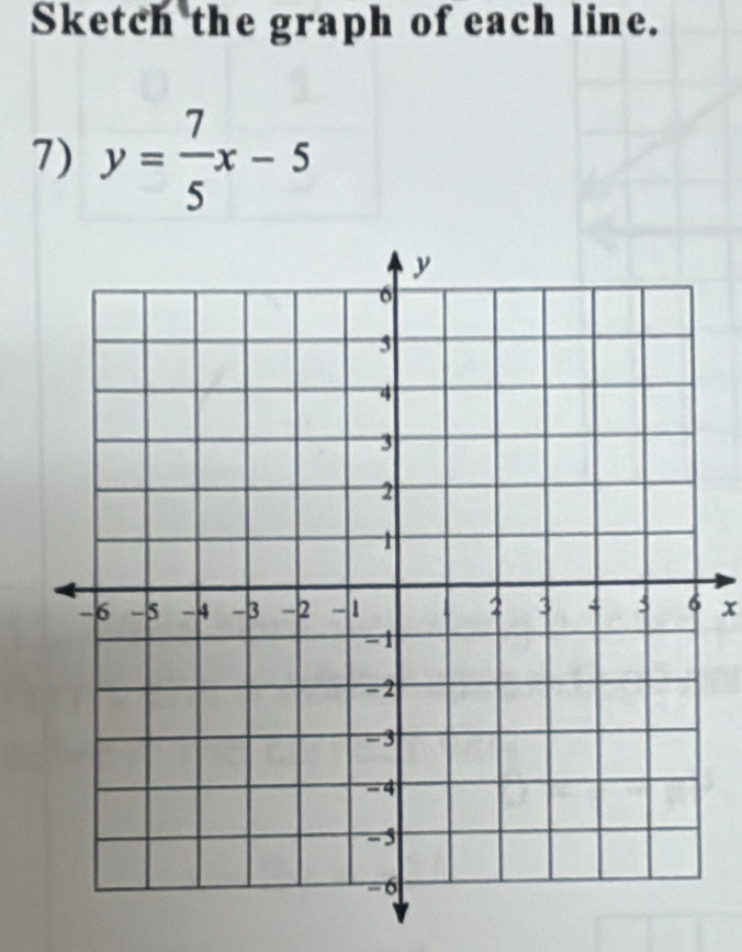 Sketch the graph of each line. 
7) y= 7/5 x-5
x