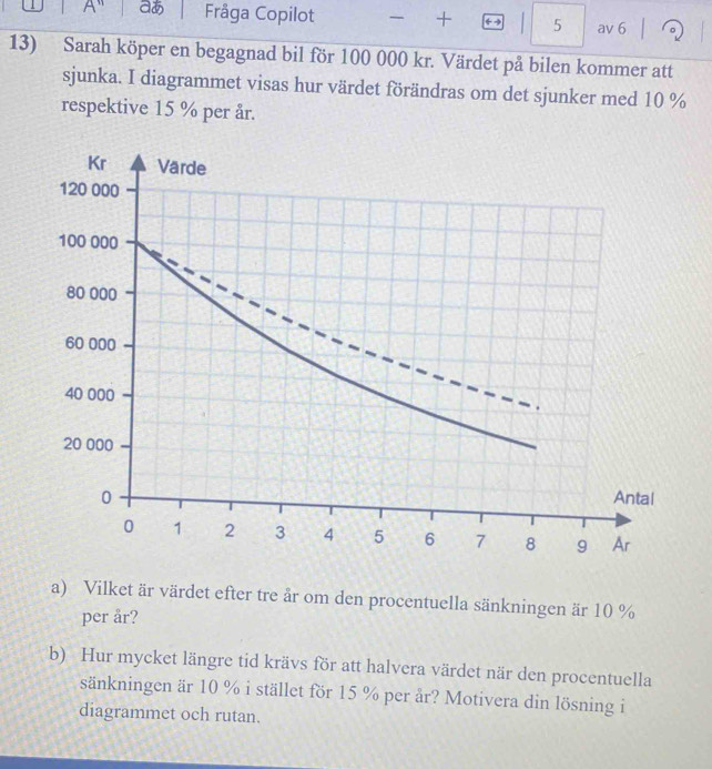 A'' aあ Fråga Copilot + ← 5 av 6 
。 
13) Sarah köper en begagnad bil för 100 000 kr. Värdet på bilen kommer att 
sjunka. I diagrammet visas hur värdet förändras om det sjunker med 10 %
respektive 15 % per år. 
a) Vilket är värdet efter tre år om den procentuella sänkningen är 10 %
per år? 
b) Hur mycket längre tid krävs för att halvera värdet när den procentuella 
sänkningen är 10 % i stället för 15 % per år? Motivera din lösning i 
diagrammet och rutan.