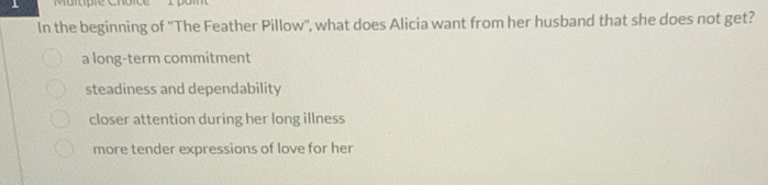 In the beginning of ''The Feather Pillow'', what does Alicia want from her husband that she does not get?
a long-term commitment
steadiness and dependability
closer attention during her long illness
more tender expressions of love for her