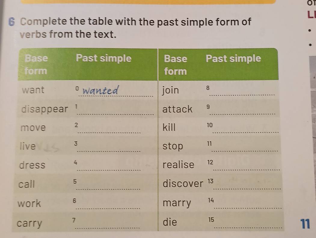 01 
6 Complete the table with the past simple form of 
verbs from the text. 
_ 
1