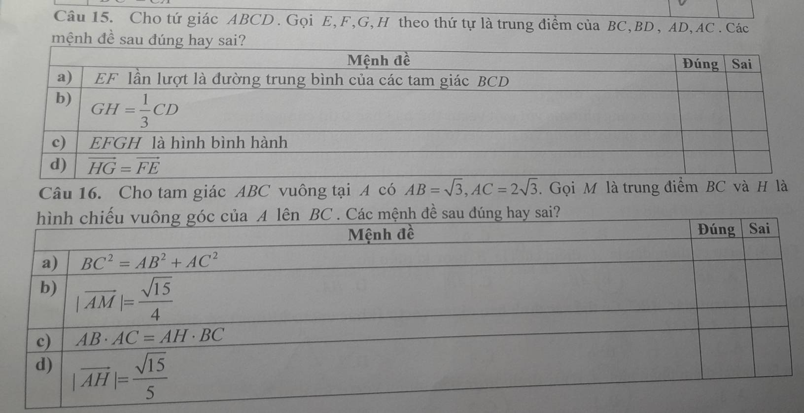 Cho tứ giác ABCD . Gọi E, F,G,H theo thứ tự là trung điểm của BC,BD , AD, AC . Các
mệnh đề sau đúng hay sai?
Câu 16. Cho tam giác ABC vuông tại A có AB=sqrt(3),AC=2sqrt(3). Gọi M là trung điểm BC và H là