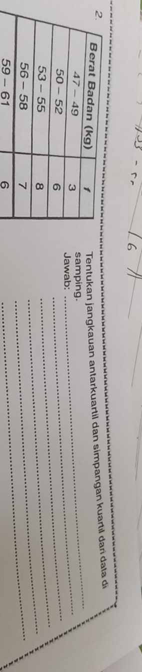 Tentukan jangkauan antarkuartil dan simpangan kuartil dari data di 
samping. 
Jawab: 
_ 
_ 
_ 
_ 
_ 
6 
_