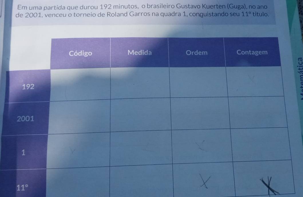 Em uma partida que durou 192 minutos, o brasileiro Gustavo Kuerten (Guga), no ano
de 2001, venceu o torneio de Roland Garros na quadra 1, conguistando seu 11° título.
: