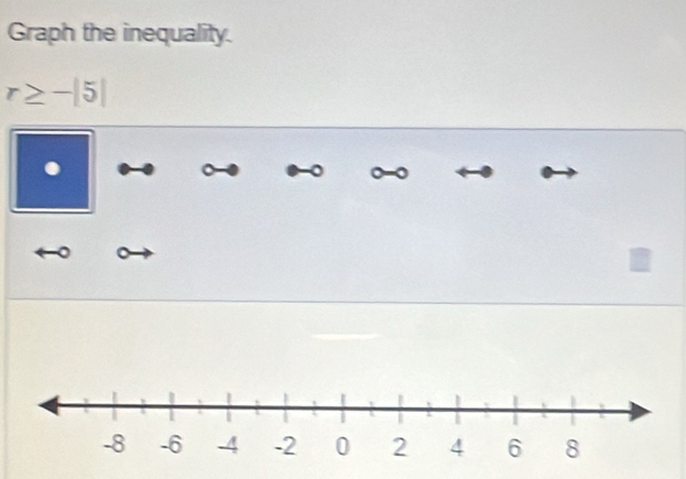 Graph the inequality.
r≥slant -|5|
0-