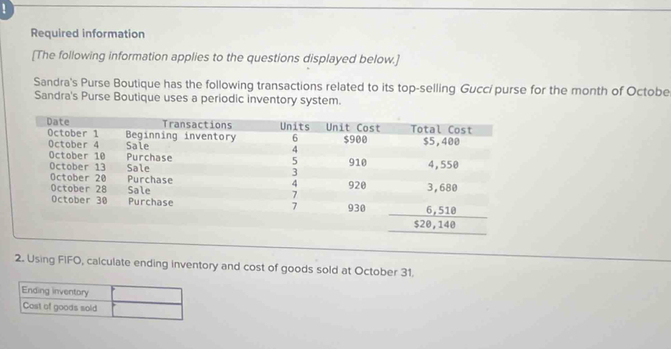 Required information 
[The following information applies to the questions displayed below.] 
Sandra's Purse Boutique has the following transactions related to its top-selling Gucci purse for the month of Octobe 
Sandra's Purse Boutique uses a periodic inventory system. 
2. Using FIFO, calculate ending inventory and cost of goods sold at October 31