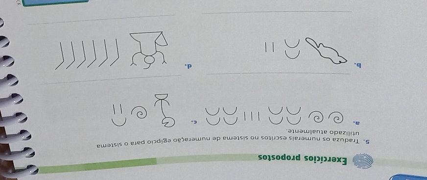 Exercícios propostos 
5. Traduza os numerais escritos no sistema de numeração egípcio para o sistema 
utilizado atualmente. 
a. 
c. 
_ 
_ 
b. 
d. 
_ 
_