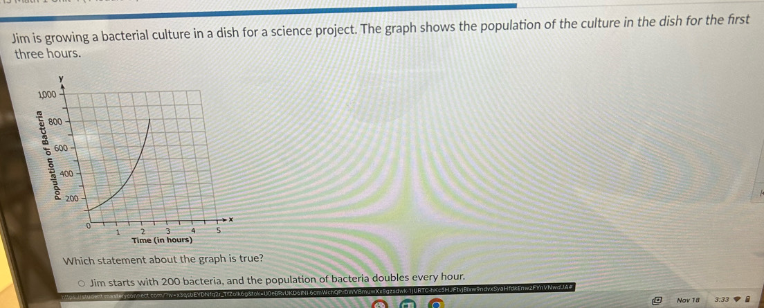 Jim is growing a bacterial culture in a dish for a science project. The graph shows the population of the culture in the dish for the first
three hours.
Which statement about the graph is true?
Jim starts with 200 bacteria, and the population of bacteria doubles every hour.
eryconnect.com/?iv=x3qsbEYDNfq2r_TfZolk6g&tok=U0eBRvUK w 9ndvxSyaHfdkEnwzFYnVNwdJA#
Nov 18 3:33