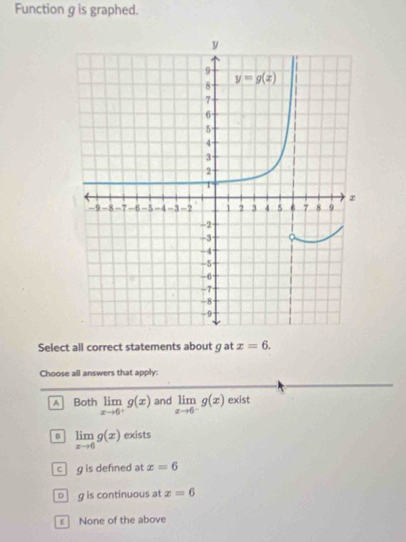 Function g is graphed.
Select all correct statements about g at x=6.
Choose all answers that apply:
Both limlimits _xto 6^+g(x) and limlimits _xto 6^-g(x) exist
B limlimits _xto 6g(x) exists
cg is defned at x=6
□ ] g is continuous at x=6
ε None of the above