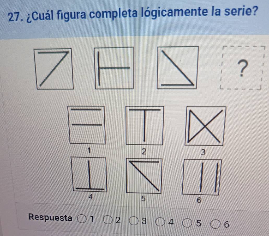 ¿Cuál figura completa lógicamente la serie? 
I 
? 
frac 
1
2
3
5
Respuesta 1 2 3 4 5 6