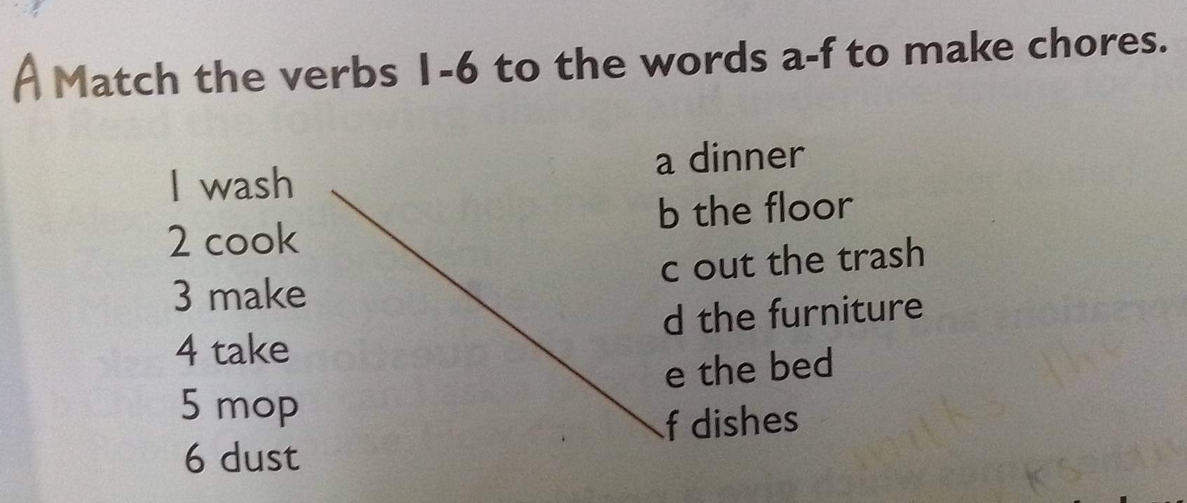 Match the verbs 1-6 to the words a-f to make chores.
I wash a dinner
2 cook b the floor
c out the trash
3 make
d the furniture
4 take
e the bed
5 mop
f dishes
6 dust