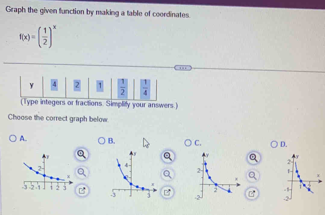 Graph the given function by making a table of coordinates.
f(x)=( 1/2 )^x
y 4 2 1  1/2   1/4 
(Type integers or fractions. Simplify your answers.) 
Choose the correct graph below. 
A. 
B. 
C. 
D.