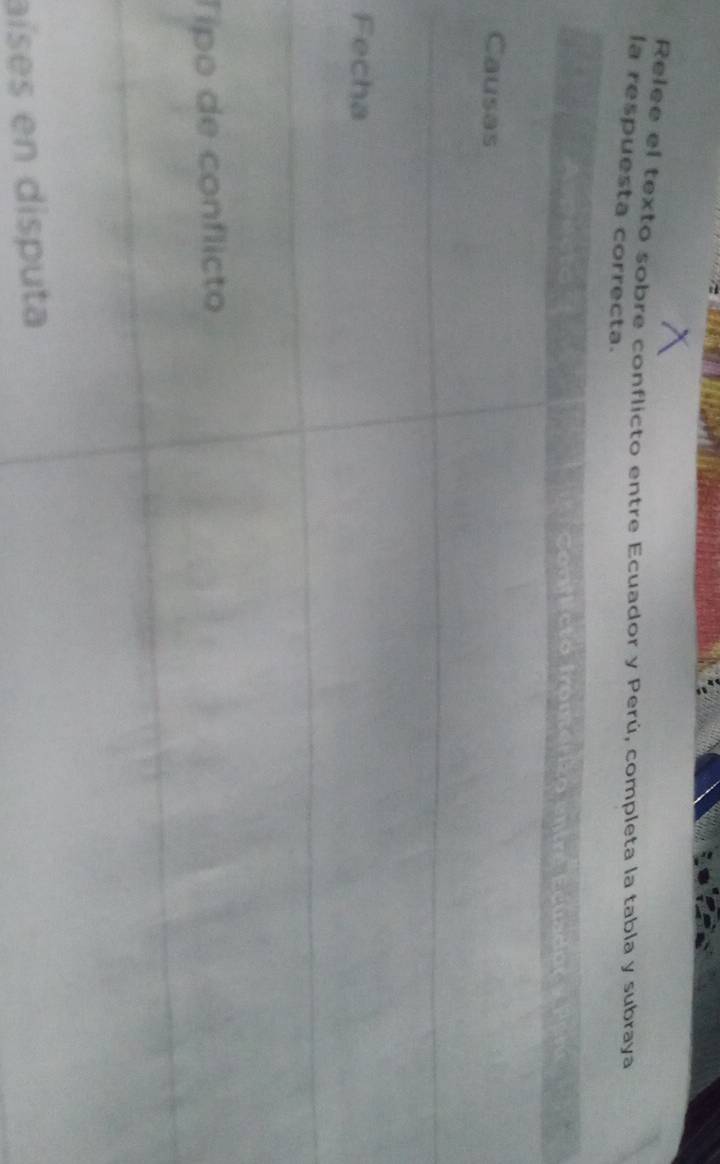 Relee el texto sobre conflicto entre Ecuador y Perú, completa la tabla y subraya 
la respuest 
F 
Ti 
aíses en disp