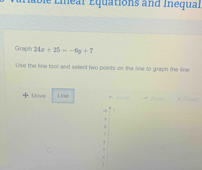 nable Liear Équations and Inéqual 
Graph 24x+25=-6y+7. 
Use the line tool and select two points on the line to graph the line. 
Move Line Undo Redo × Reset