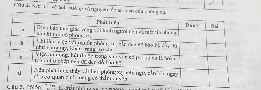 Khi nói về ảnh hưởng và ngu 
Câu 3. Pôlôni beginarrayr 210 84endarray P là chất phóng xa, nó phóng ra mô