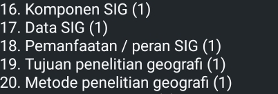 Komponen SIG (1) 
17. Data SIG (1) 
18. Pemanfaatan / peran SIG (1) 
19. Tujuan penelitian geografı (1) 
20. Metode penelitian geografı (1)