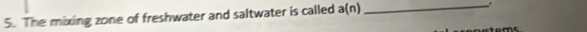 The mixing zone of freshwater and saltwater is called a(n) _ 
: 
t me