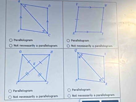 Parallelogram
Not necessarily a parallelogram Not necessarly a parallelogram

Parallelogram Parallelogram
Not necessarily a parallelogram Not necessarily a parallelogram