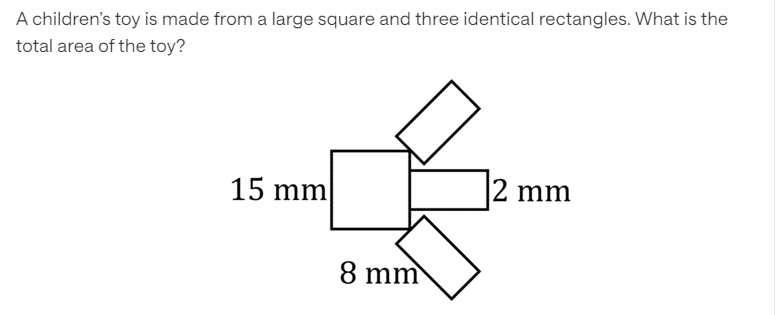 A children's toy is made from a large square and three identical rectangles. What is the 
total area of the toy?