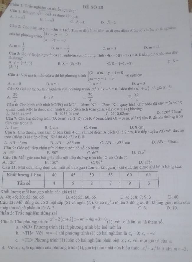 ĐE SÓ 28
Phần 1: Trắc nghiệm có nhiều lựa chọn.
Câu 1: Rút gọn sqrt(3)-2
A. 2-sqrt(3) sqrt(4-2sqrt 3) ta được kết quả:
B. 1-sqrt(3) C. sqrt(3)-1 D.
Câu 2: Cho hàm số y=(-3m+1)x^2. Tim m đề đồ thị hàm số đi qua điểm A(x;y) vái (x;y) là nghiệm
của hệ phương trình beginarrayl 4x-3y=-2 x-2y=-3endarray.
A. m= 1/3  B. m=- 1/3 
C. m=3 D. m=-3
Câu 3: Gọi S là tập hợp tắt cả các nghiệm của phương trình -4(x-5)(9-3x)=0. Khẳng định nào sau đây
là đúng? D. S=
A. S=(-5;3) B. S= 5;-3 C. S= -5;-3
(5;3)
Câu 4: Với giá trị nào của a thì hệ phường trình beginarrayl (2-a)x-y+1=0 ax-y-3=0endarray. vô nghiệm
A. a=0 B. a=1 C. n=2 D. a=3
Câu 5: Giả sử xị: x2 là 2 nghiệm của phương trình 2x^2+3x-5=0. Biểu thức x_1^(2+x_2^2 có giǎ trị là:
A. frac 29)2 B. 29 C.  29/4  D.  25/4 
Câu 6: Cho hình chữ nhật MNPQ có MN=16cm,NP=12cm
quanh cạnh MN ta được một hình trụ có diện tích toàn phần (lấy 1. Khi quay hình chữ nhật đã cho một vòng
π =3 ,14) khoảng
A. 2813,44cm^2 B. 1055,04cm^2 C. 2110.08cm^2 D. 1205,76cm^2
Câu 7: Cho hai đường tròn (0;5cm) và (I;R) với R<5cm</tex> 1. Biết OI=3cm , giá trị của R để hai đường tròn
tiếp xúc trong là
A. l cm B. 2 cm C. 4 cm D. 8 cm
Câu 8: Cho đường tròn tâm O bán kính 4 cm và một điểm A cách O là 7 cm. Kẻ tiếp tuyển AB với đường
tròn (diểm B là tiếp điểm). Khi đó độ dài AB là
A. AB=3cm B. AB=sqrt(65)cm C. AB=sqrt(33)cm D. AB=33cm.
Câu 9: Góc nội tiếp chắn nửa đường tròn có số đo bằng
A. 45° B. 90° C. 60° D. 120°
Câu 10: Mỗi góc của bát giác đều nội tiếp đường tròn tâm O có số đo là
A. 120° B. 150° C. 90° D. 135°
Câu 11: Một cửa hàng đem cân một số bao gạo (đơn vị: kilogam), kết quả thu được ghi lại ở bảng sau:
Khối lượng mỗi bao gạo nhận các giá trị là
A. 40; 45; 50; 55; 60; 65 B. 45; 55; 60; 65 C. 4; 5; 8; 7; 9; 3 D.40
Câu 12: Mỗi đồng xu có 2 mặt sắp (S) và ngửa (N). Gieo ngẫu nhiên 2 đồng xu thì không gian mẫu của
phép thứ có số phần tử là: A. 2. B. 4. C. 6. D. 10.
Phần 2: Trắc nghiệm đúng sai
Câu 1: Cho phương trình: x^2-2(m+2)x+m^2+4m+3=0 (1), với x là ần, m là tham số.
a. ∠ NB> Phương trình (1) là phương trình bậc hai một ần
b. ∠ TH> Với m=-1 thì phương trình (1) có hai nghiệm là x_1=0;x_2=-2.
c. ∠ TH> Phương trình (1) luôn có hai nghiệm phân biệt x_1;x_2 với mọi giả trị của m
d. Với xị; x_2 là nghiệm của phương trình (1), giá trị nhỏ nhất của biểu thức x_1^2+x_2^2 là 3 khì m=-2.
ς