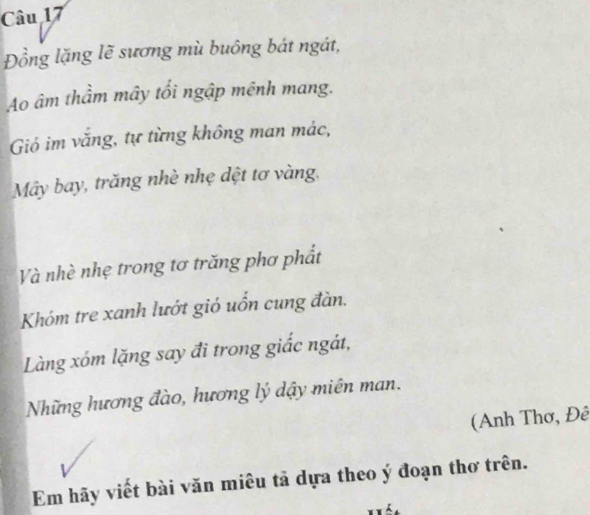 Đồng lặng lẽ sương mù buông bát ngát, 
Ao âm thầm mây tổi ngập mênh mang. 
Gió im văng, tự từng không man mác, 
Mây bay, trăng nhè nhẹ dệt tơ vàng. 
Và nhè nhẹ trong tơ trăng phơ phất 
Khóm tre xanh lướt gió uốn cung đàn. 
Làng xóm lặng say đi trong giấc ngát, 
Những hương đào, hương lý dậy miên man. 
(Anh Thơ, Đê 
Em hãy viết bài văn miêu tả dựa theo ý đoạn thơ trên.