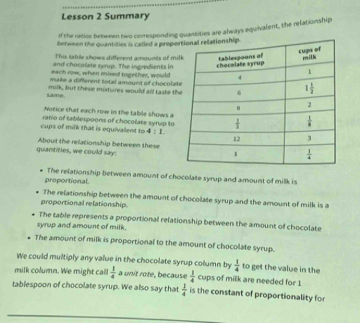 Lesson 2 Summary
If the ratios between two corresponding quantities are always equivalent, the relationship
between the quantities is called a propo
This table shows different amounts of mi
and chocolate syrup. The ingredients in
each row, when mixed together, would
make a different total amount of chocolat
milk, but these mixtures would all taste th
same.
Notice that each row in the table shows a
ratio of tablespoons of chocolate syrup to
cups of milk that is equivalent to 4:1
About the relationship between these
quantities, we could say:
The relationship between amount of chocolate syrup and amount of milk is
proportional.
The relationship between the amount of chocolate syrup and the amount of milk is a
proportional relationship.
The table represents a proportional relationship between the amount of chocolate
syrup and amount of milk.
The amount of milk is proportional to the amount of chocolate syrup.
We could multiply any value in the chocolate syrup column by  1/4  to get the value in the
milk column. We might call  1/4  a unit rate, because  1/4  cups of milk are needed for 1
tablespoon of chocolate syrup. We also say that  1/4  is the constant of proportionality for