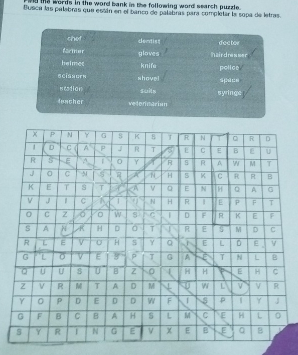 nd the words in the word bank in the following word search puzzle. 
Busca las palabras que están en el banco de palabras para completar la sopa de letras.