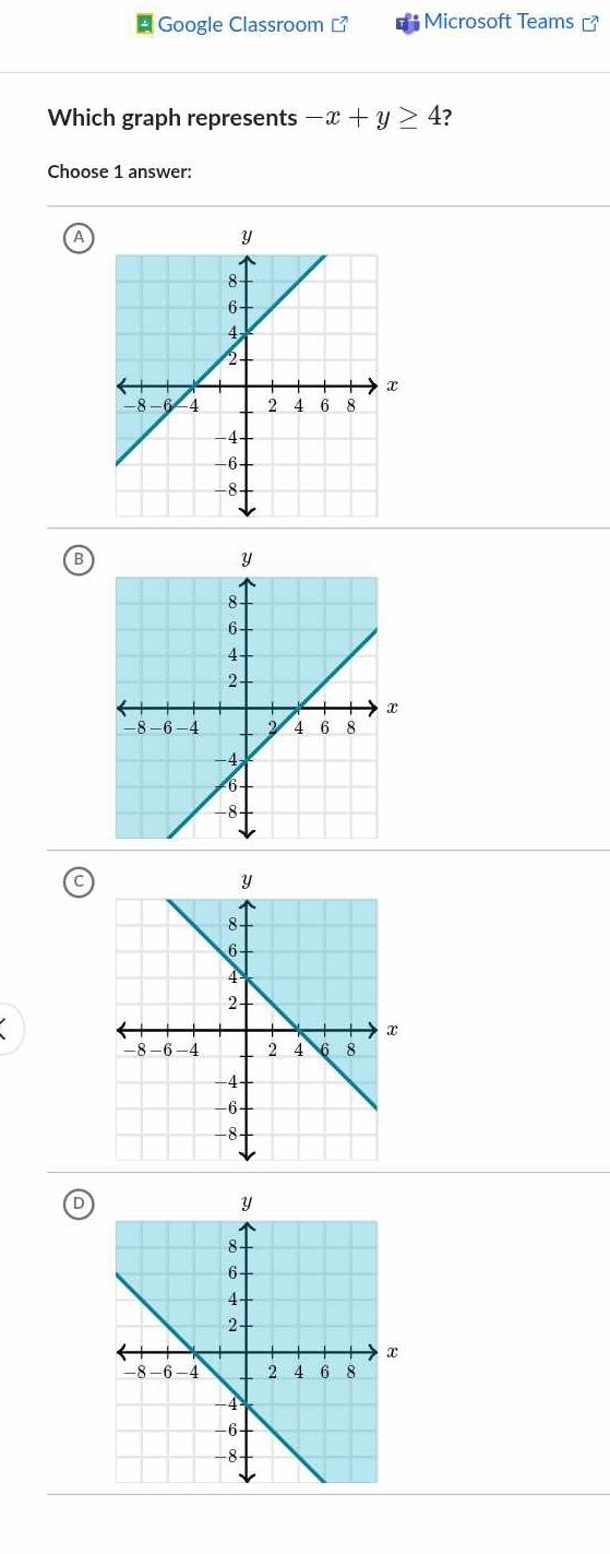 Google Classroom  Microsoft Teams □^2 
Which graph represents -x+y≥ 4
Choose 1 answer: 
B 
C 
D