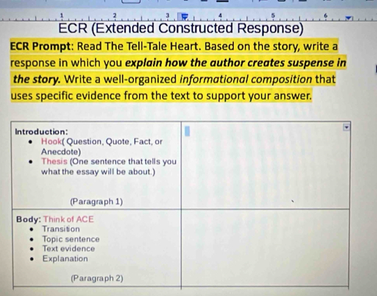 2 3 A 
ECR (Extended Constructed Response) 
ECR Prompt: Read The Tell-Tale Heart. Based on the story, write a 
response in which you explain how the author creates suspense in 
the story. Write a well-organized informational composition that 
uses specific evidence from the text to support your answer.