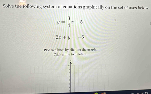 Solve the following system of equations graphically on the set of axes below.
y= 3/4 x+5
2x+y=-6
Plot two lines by clicking the graph.
Click a line to delete it.
y
10
9
8
7
6
5
4
3