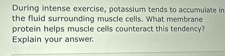 During intense exercise, potassium tends to accumulate in 
the fluid surrounding muscle cells. What membrane 
protein helps muscle cells counteract this tendency? 
Explain your answer.