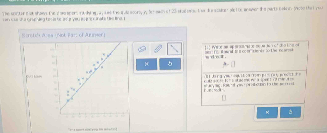 The scatter plot shows the time spent studying, x, and the quiz score, y, for each of 23 students. Use the scatter plot to answer the parts below. (Note that you 
can use the graphing tools to help you approximate the line.) 
Scratch Area (Not Part of Answer) 
(a) Write an approximate equation of the line of 
best fit. Round the coefficients to the nearest 
hundredth. 
× 5 

Quiz acore 10 
(b) Using your equation from part (a), predict the 
quiz score for a student who spent 70 minutes
, studying. Round your prediction to the nearest 
hundredth. 
× 
Time spent stuifring (in minutes)