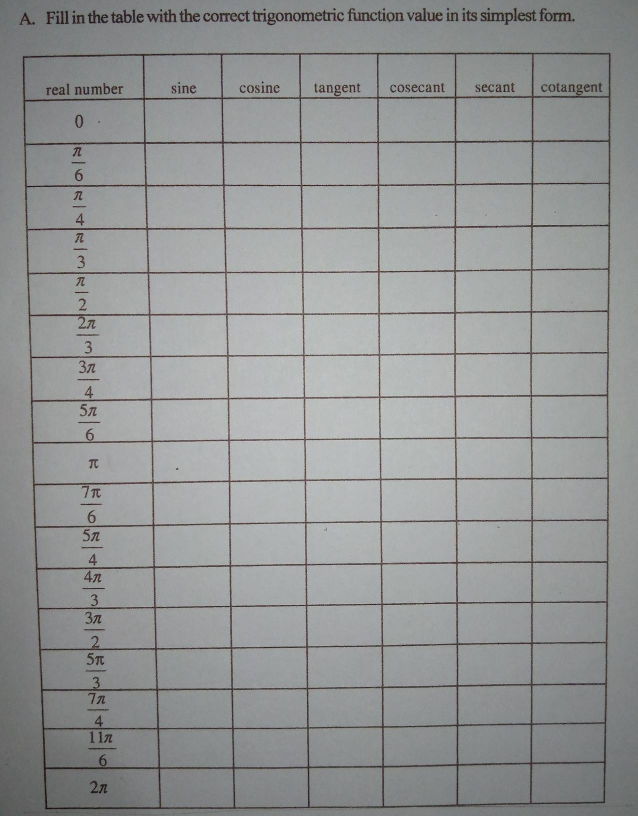 Fill in the table with the correct trigonometric function value in its simplest form.
t
2π