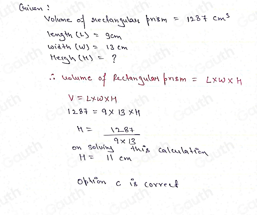 Solved: The volume of a rectangular prism is 1,287 cubic centimeters ...