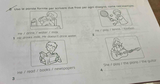 Usa le parole fornite per scrivere due frasi per ogni disegno, come nell'esempio. 
He / drink / water / milk 
1 He drinks milk. He doesn't drink water. 2 He / play / tennis / football 
He / read / books / newspapers 4 She / play / the piano uitar 
3 
_