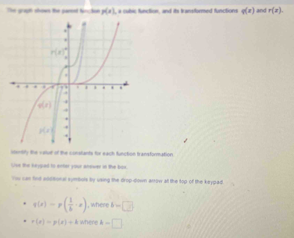 The graph shown the parest finclen p(x) a cubic fanction, and its transformed functions q(x) and r(z).
femify the valee of the conslants for each function transformation.
Uve the Reygied to emer your answer in the box.
You can find additional symbols by using the drop-down arrow at the top of the keypad.
q(x)=p( 1/b · x) , where b=□
r(x)=p(x)+k where k=□ .