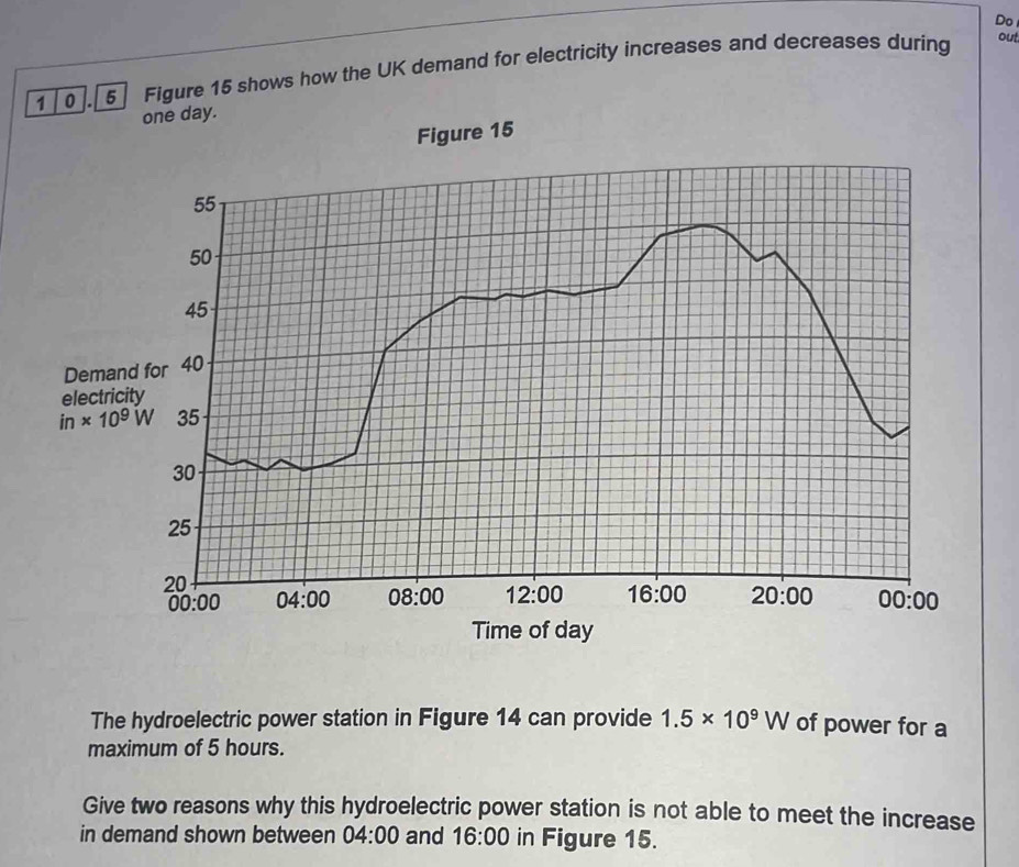 Do
1 .5] Figure 15 shows how the UK demand for electricity increases and decreases during
out
one day.
Figure 15
Dema
electri
in* 10^9W
The hydroelectric power station in Figure 14 can provide 1.5* 10^9W of power for a
maximum of 5 hours.
Give two reasons why this hydroelectric power station is not able to meet the increase
in demand shown between 04:00 and 16:00 in Figure 15.