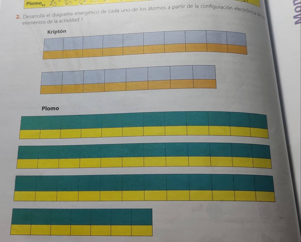 Plomo, 82 
2. Desarrolla el diagrama energético de cada uno de los átomos a partir de la configuración electrónica de 
elementos de la actividad 1.