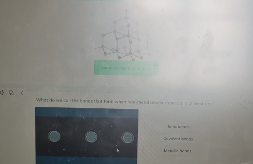 Giant covolent stic 
What do we call the bonds that form when non-metal atoms share pairs of electrans?
lonic bonds
Covalent bonds
Metollic bands