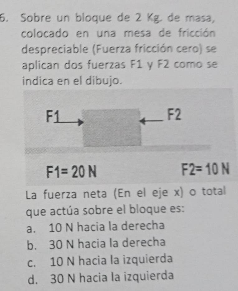 Sobre un bloque de 2 Kg. de masa,
colocado en una mesa de fricción
despreciable (Fuerza fricción cero) se
aplican dos fuerzas F1 y F2 como se
indica en el dibujo.
F
F2
F1=20N
F2=10N
La fuerza neta (En el eje x) o total
que actúa sobre el bloque es:
a. 10 N hacia la derecha
b. 30 N hacia la derecha
c. 10 N hacia la izquierda
d. 30 N hacia la izquierda