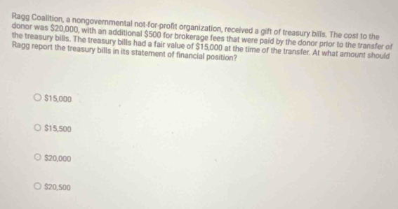 Ragg Coalition, a nongovernmental not-for-profit organization, received a gift of treasury bills. The cost to the
donor was $20,000, with an additional $500 for brokerage fees that were paid by the donor prior to the transfer of
the treasury bills. The treasury bills had a fair value of $15,000 at the time of the transfer. At what amount should
Ragg report the treasury bills in its statement of financial position?
$1 5,000
$1 5,500
$20,000
$20,500