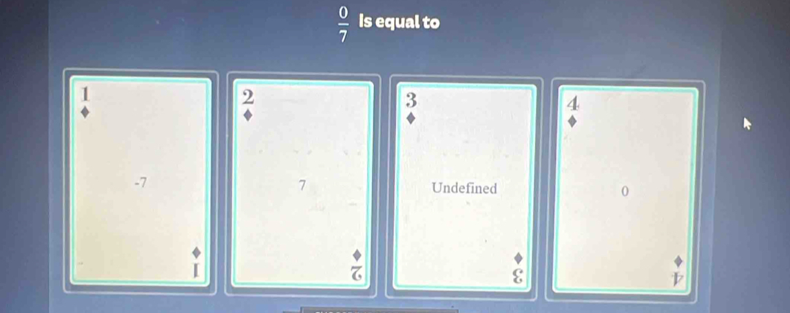  0/7  Is equal to
1
2
3
4
-7
7 Undefined 0