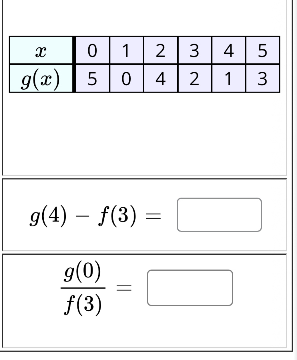 g(4)-f(3)=□
 g(0)/f(3) =□