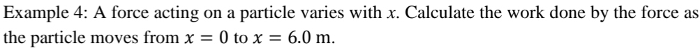 Example 4: A force acting on a particle varies with x. Calculate the work done by the force as 
the particle moves from x=0 to x=6.0m.