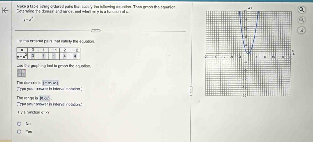 Make a table listing ordered pairs that satisfy the following equation. Then graph the equation.
Determine the domain and range, and whether y is a function of x.
y=x^2
List the ordered pairs that satisfy the equation.
 
Use the graphing tool to graph the equation.
The domain is (-∈fty ,∈fty ).
(Type your answer in interval notation.) 
The range is [0,∈fty ).
(Type your answer in interval notation.)
Is y a function of x?
No
Yes