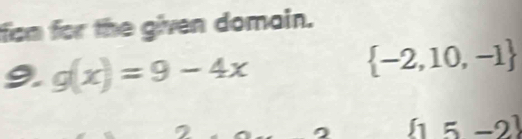 fion for the given domain. 
9. g(x)=9-4x
 -2,10,-1
 15-2
