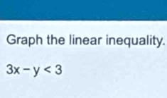 Graph the linear inequality.
3x-y<3</tex>