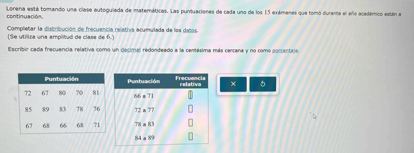 Lorena está tomando una clase autoguiada de matemáticas. Las puntuaciones de cada uno de los 15 exámenes que tomó durante el año académico están a 
continuación. 
Completar la distribución de frecuencia relativa acumulada de los datos. 
(Se utiliza una amplitud de clase de 6.) 
Escribir cada frecuencia relativa como un decimal redondeado a la centésima más cercana y no como porcentaje. 
×